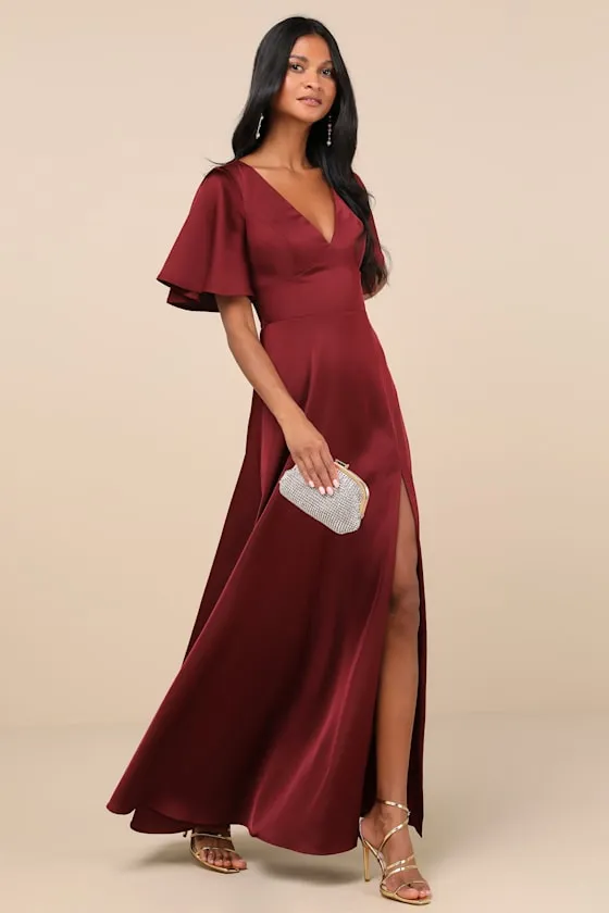 Elegant Confidence Red Satin Flutter Sleeve Cutout Maxi Dress sold by Lulus