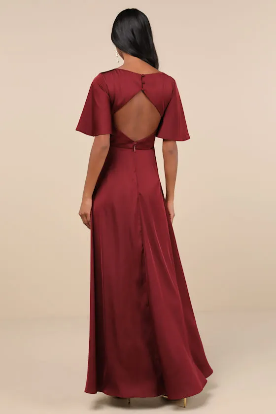 Elegant Confidence Red Satin Flutter Sleeve Cutout Maxi Dress sold by Lulus product image thumbnail 2