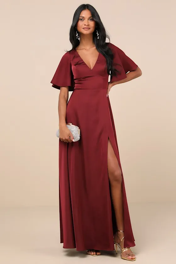 Elegant Confidence Red Satin Flutter Sleeve Cutout Maxi Dress sold by Lulus product image thumbnail 3