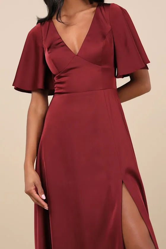 Elegant Confidence Red Satin Flutter Sleeve Cutout Maxi Dress sold by Lulus product image thumbnail 4