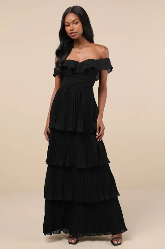 Always Remarkable Black Pleated Off-the-Shoulder Maxi Dress sold by Lulus
