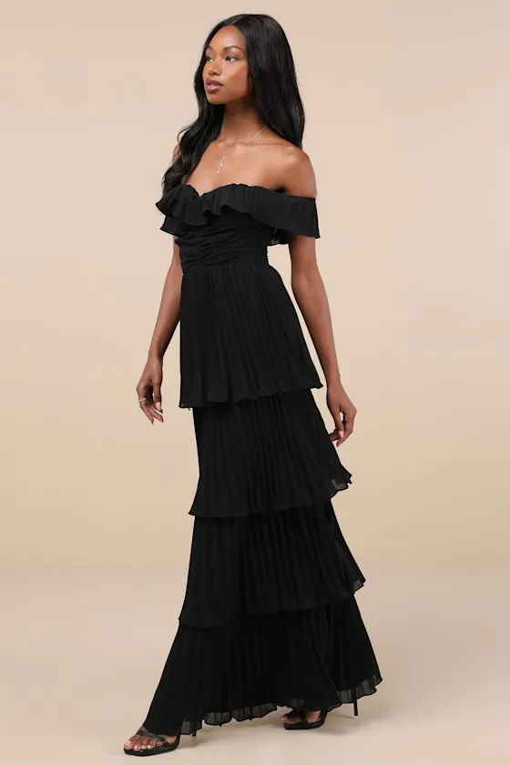 Always Remarkable Black Pleated Off-the-Shoulder Maxi Dress sold by Lulus product image thumbnail 4