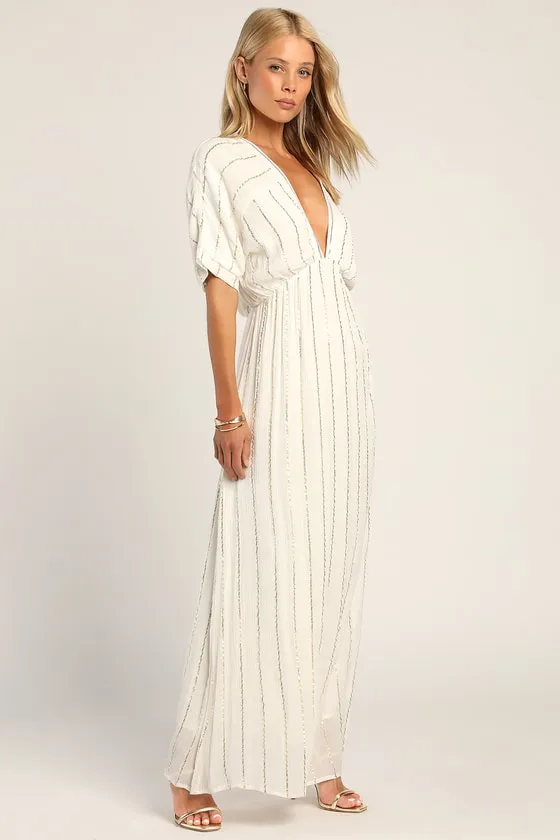 Goddess Vibes Ivory Gold Striped Dolman Sleeve Maxi Dress sold by Lulus product image thumbnail 4