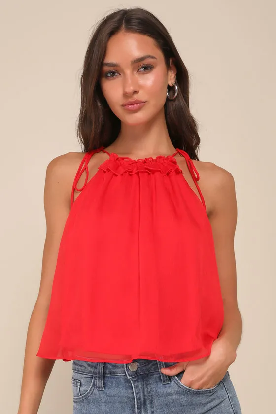 Beautiful Essence Red Chiffon Ruffled Tie-Strap Tank Top sold by Lulus