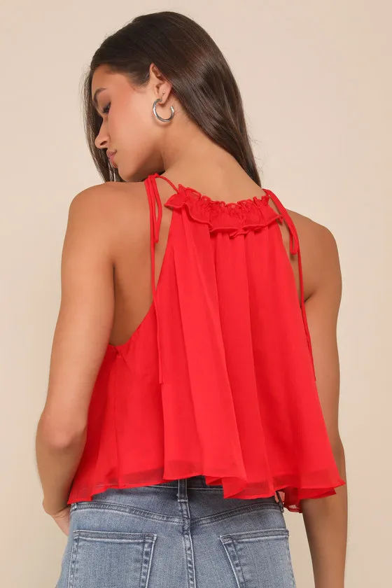 Beautiful Essence Red Chiffon Ruffled Tie-Strap Tank Top sold by Lulus product image thumbnail 2