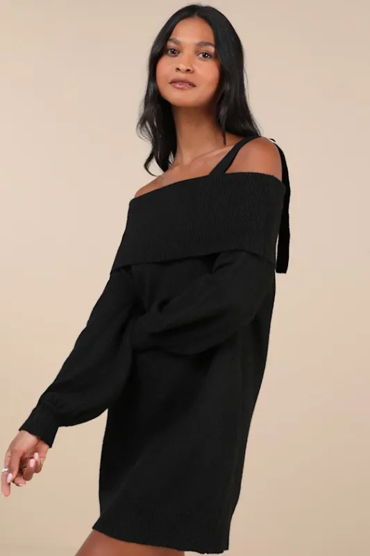 Elevated Comfort Black One-Shoulder Sweater Mini Dress sold by Lulus