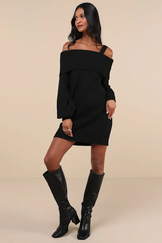Elevated Comfort Black One-Shoulder Sweater Mini Dress sold by Lulus product image thumbnail 3