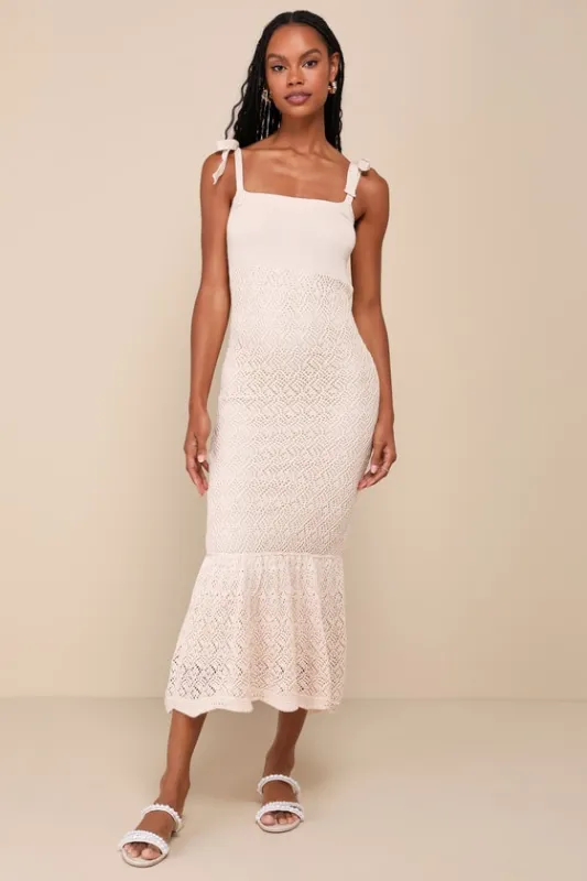 Sunny Choice Beige Tie-Strap Sweater Knit Midi Dress sold by Lulus