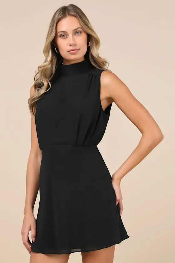 Classic Elegance Black Chiffon Sleeveless Mock Neck Mini Dress sold by Lulus