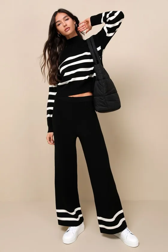 Effortlessly Charming Black Striped Wide-Leg Sweater Pants sold by Lulus product image thumbnail 3