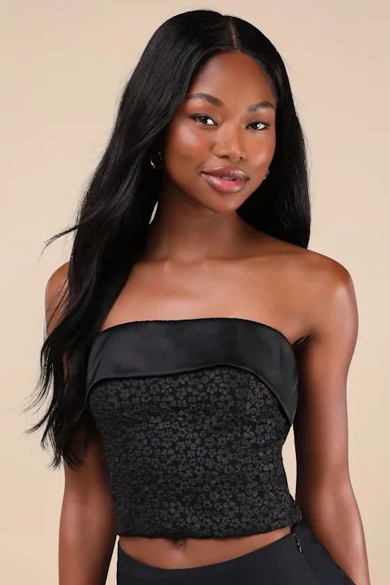 Envied Confidence Black Jacquard Cropped Strapless Top sold by Lulus