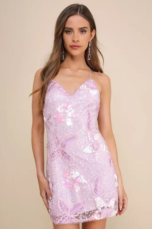 Get Up and Glow Lavender Sequin Embroidered Mini Dress sold by Lulus