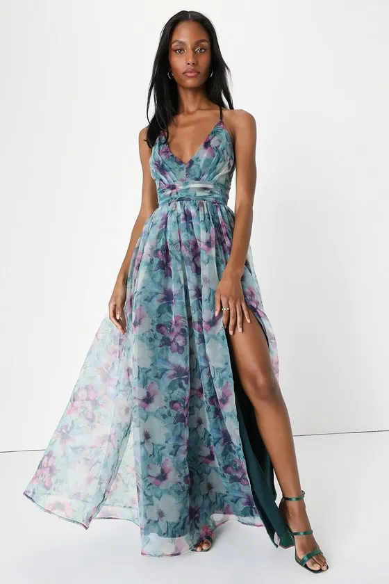 Romance That Wows Dark Teal Floral Print Organza Maxi Dress sold by Lulus