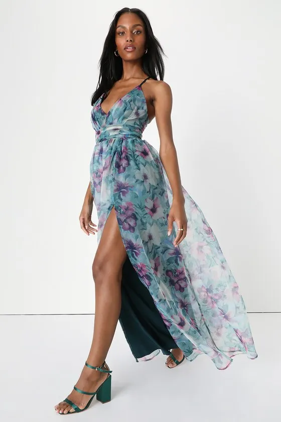 Romance That Wows Dark Teal Floral Print Organza Maxi Dress sold by Lulus product image thumbnail 4