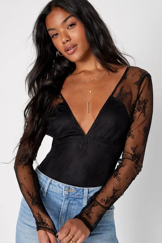 Sheer Flirt Black Lace Long Sleeve Bodysuit sold by Lulus