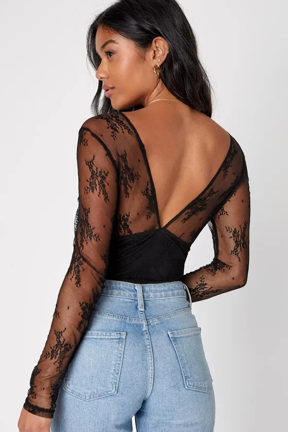 Sheer Flirt Black Lace Long Sleeve Bodysuit sold by Lulus product image thumbnail 2