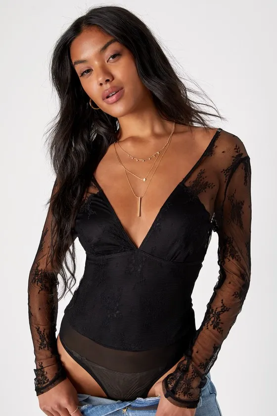 Sheer Flirt Black Lace Long Sleeve Bodysuit sold by Lulus product image thumbnail 4