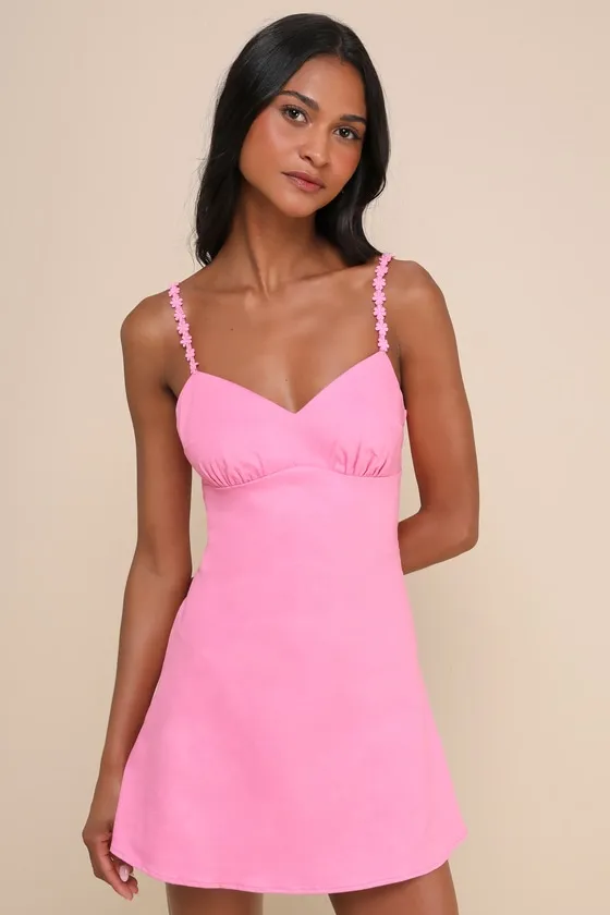 Refreshingly Adorable Hot Pink Twill Flower Strap Mini Dress sold by Lulus