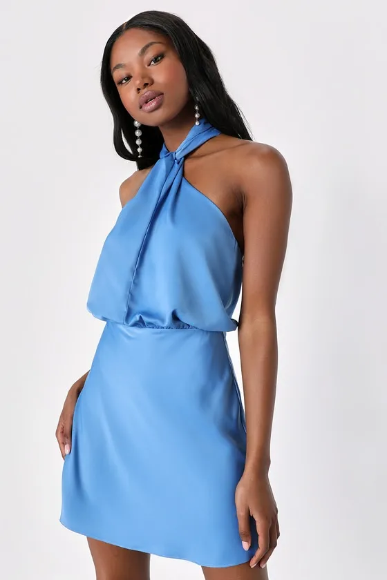Sleek Essence Blue Satin Halter Sleeveless Mini Dress sold by Lulus