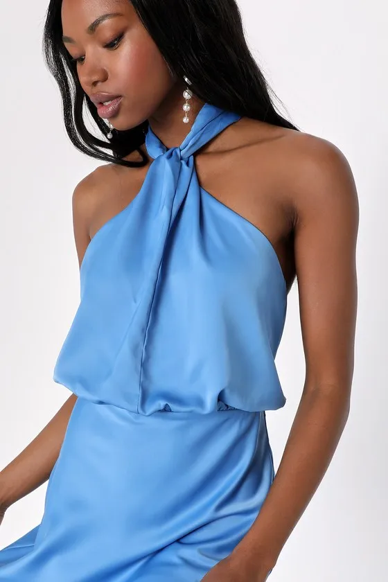 Sleek Essence Blue Satin Halter Sleeveless Mini Dress sold by Lulus product image thumbnail 3