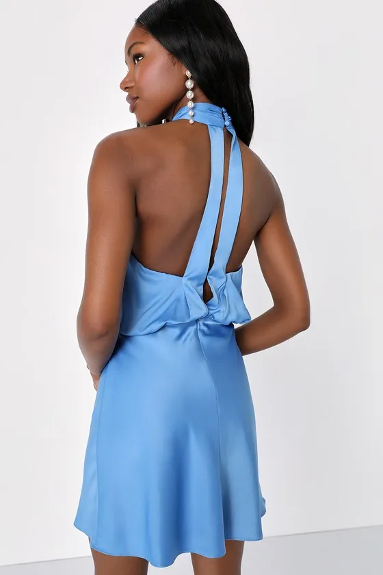 Sleek Essence Blue Satin Halter Sleeveless Mini Dress sold by Lulus product image thumbnail 4