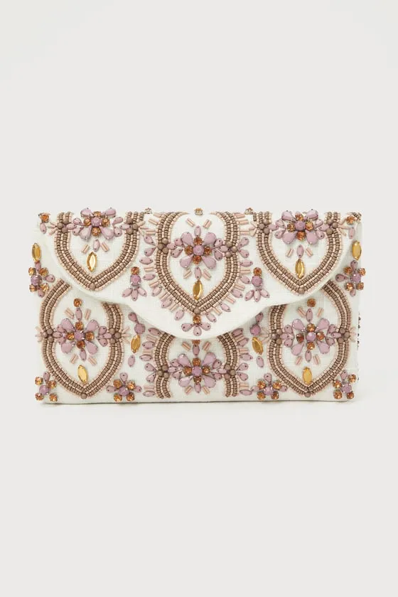 Unrivaled Aesthetic Ivory and Mauve Rhinestone Beaded Clutch sold by Lulus