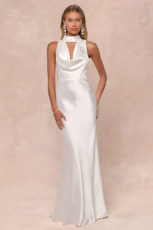 Gorgeous Vow White Satin Mock Neck Cowl Mermaid Maxi Dress sold by Lulus