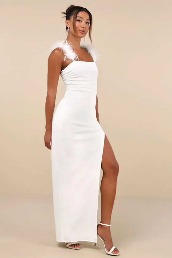 Dramatic Promise White Feather Strap Ruched Column Maxi Dress sold by Lulus product image thumbnail 3
