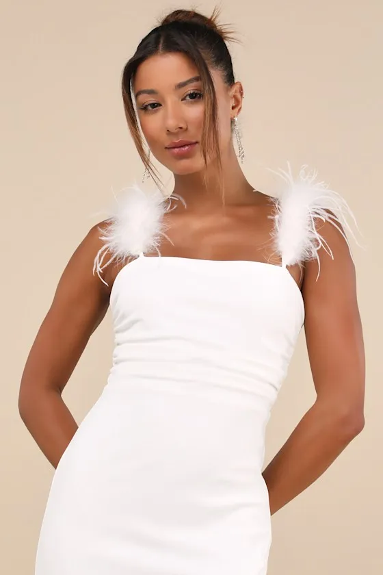 Dramatic Promise White Feather Strap Ruched Column Maxi Dress sold by Lulus product image thumbnail 4