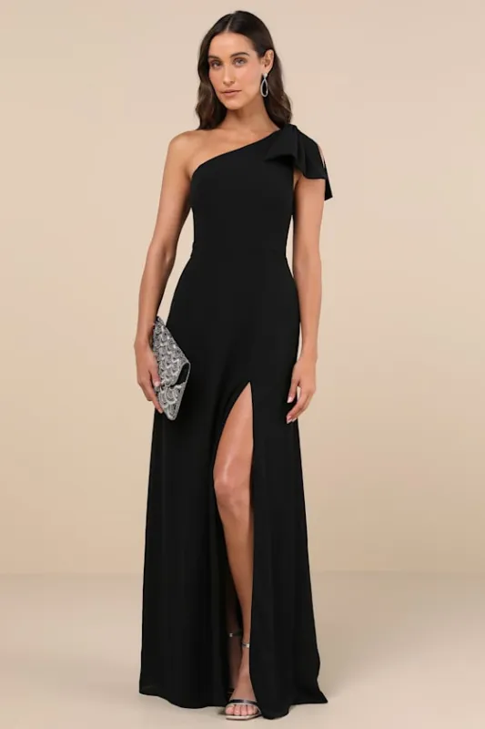 Simply Brilliant Black One-Shoulder Bow Maxi Dress sold by Lulus