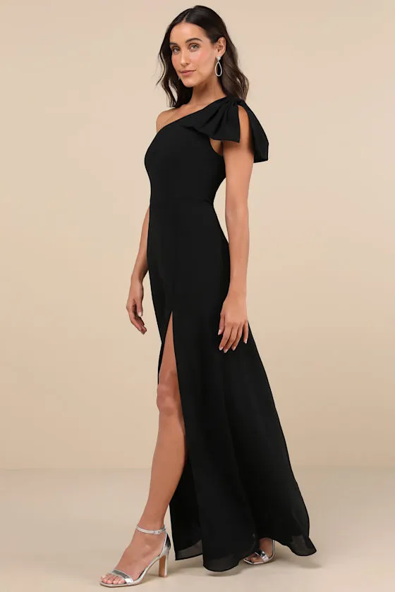 Simply Brilliant Black One-Shoulder Bow Maxi Dress sold by Lulus product image thumbnail 4