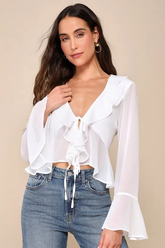 Thriving Flirt White Chiffon Ruffled Long Sleeve Tie-Front Top sold by Lulus