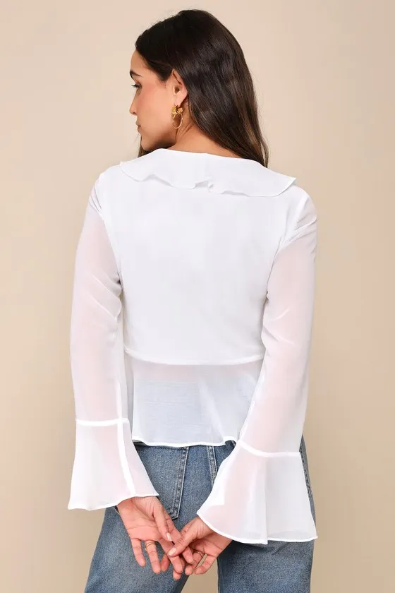 Thriving Flirt White Chiffon Ruffled Long Sleeve Tie-Front Top sold by Lulus product image thumbnail 2