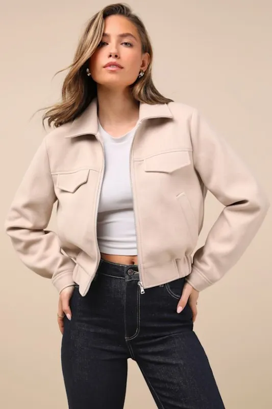 Top-Notch Comfort Beige Collared Bomber Jacket sold by Lulus