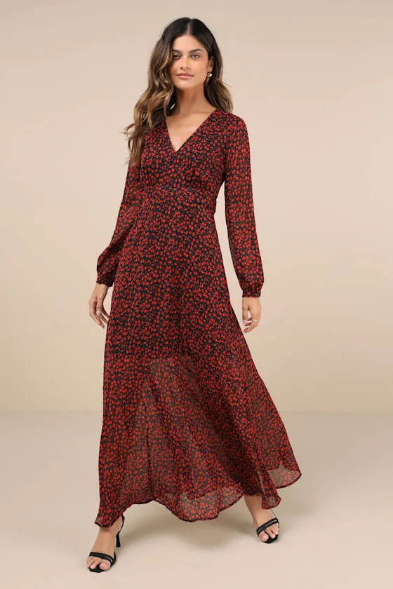 Enchanting Energy Black and Red Floral Long Sleeve Maxi Dress sold by Lulus