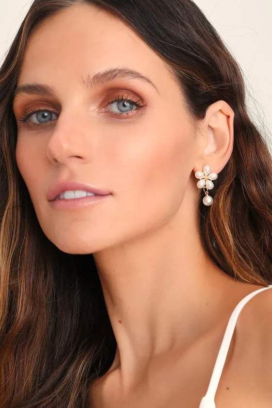 Cute Charmer Ivory Pearl Flower Earrings sold by Lulus