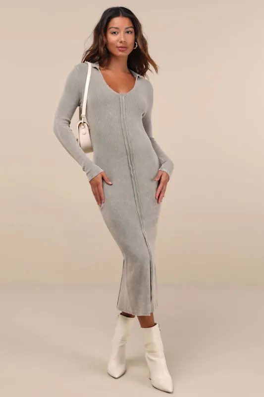 Effortlessly Pristine Washed Olive Ribbed Long Sleeve Midi Dress sold by Lulus