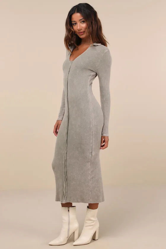 Effortlessly Pristine Washed Olive Ribbed Long Sleeve Midi Dress sold by Lulus product image thumbnail 3