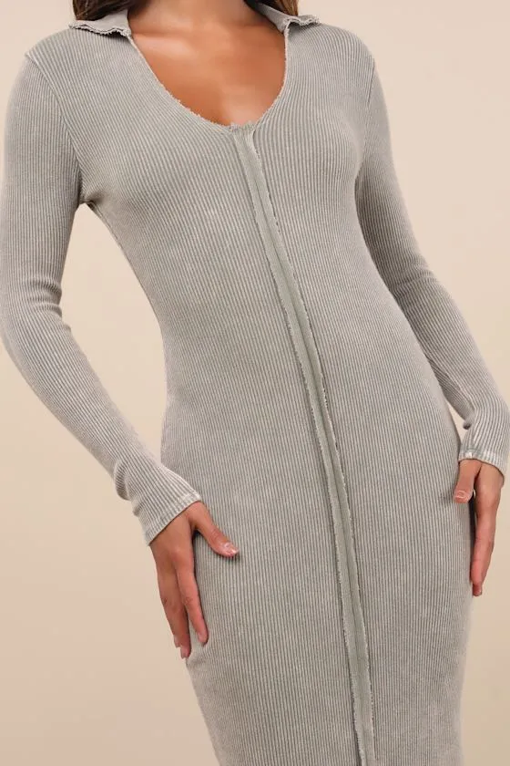 Effortlessly Pristine Washed Olive Ribbed Long Sleeve Midi Dress sold by Lulus product image thumbnail 4