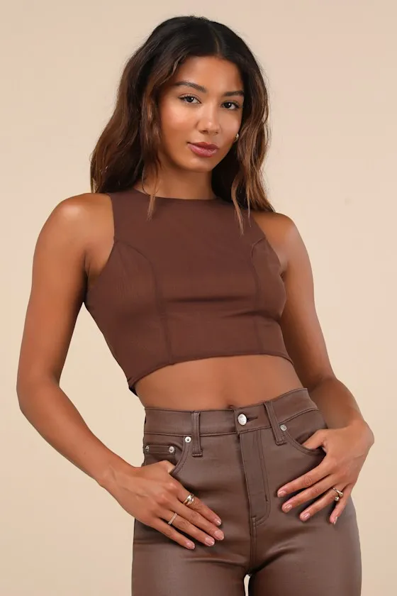 Coveted Essence Dark Brown Mesh Cutout Tie-Back Crop Tank Top sold by Lulus