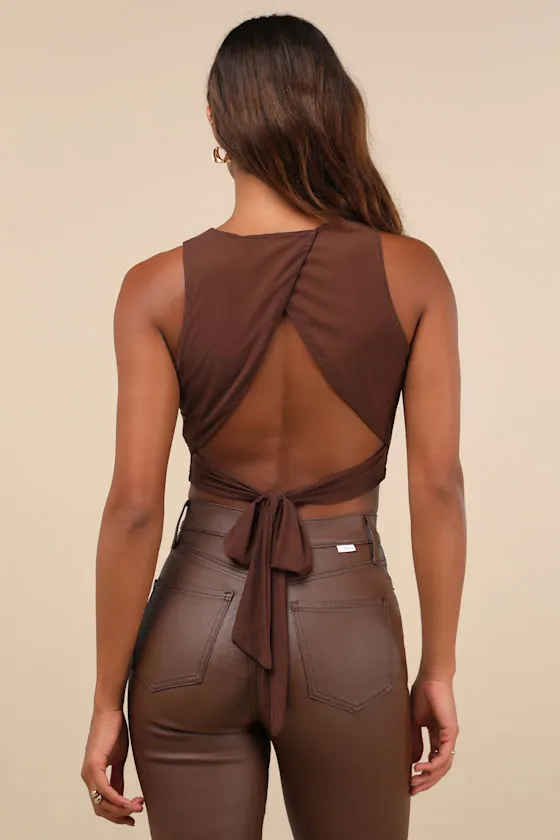 Coveted Essence Dark Brown Mesh Cutout Tie-Back Crop Tank Top sold by Lulus product image thumbnail 3