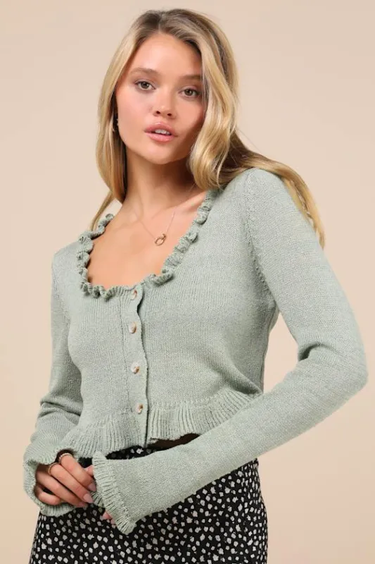 Impressively Sweet Sage Green Ruffled Cropped Cardigan sold by Lulus