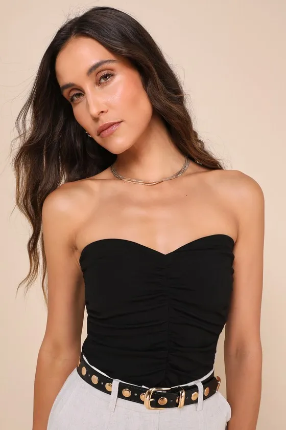 Immense Perfection Black Ruched Strapless Top sold by Lulus