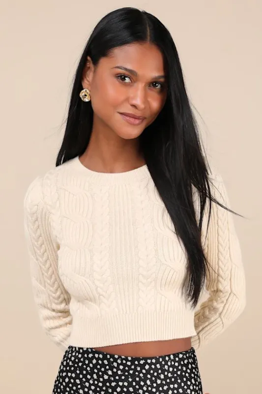 Cuddly Contentment Cream Cable Knit Cropped Sweater sold by Lulus