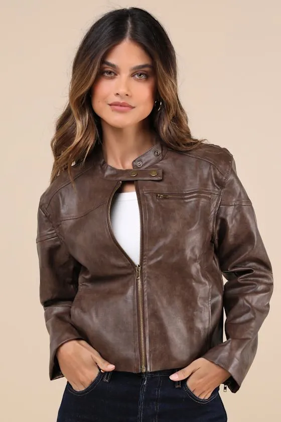 Rebel Brown Vegan Leather Cropped Moto Jacket sold by Lulus
