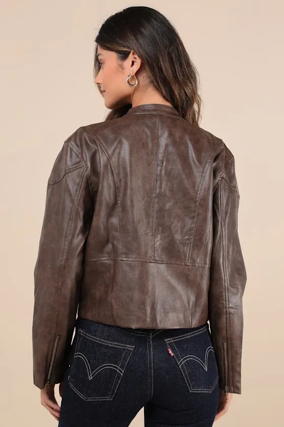 Rebel Brown Vegan Leather Cropped Moto Jacket sold by Lulus product image thumbnail 2
