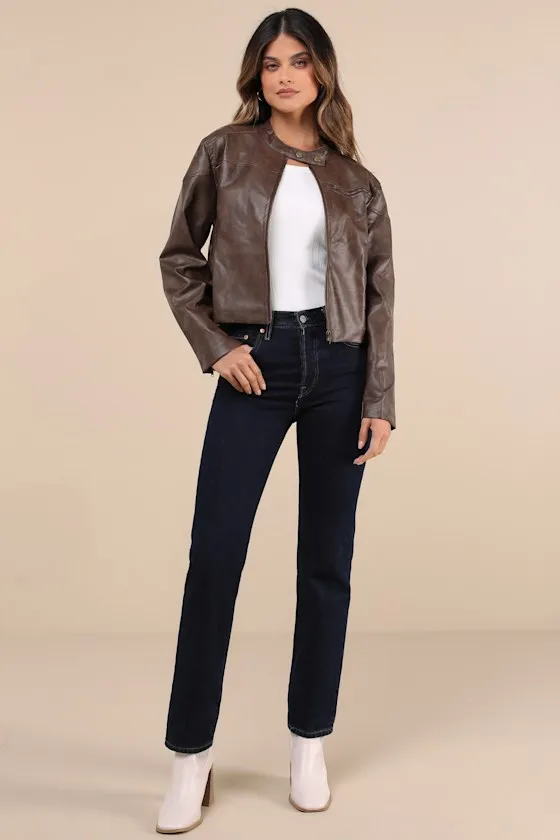 Rebel Brown Vegan Leather Cropped Moto Jacket sold by Lulus product image thumbnail 3