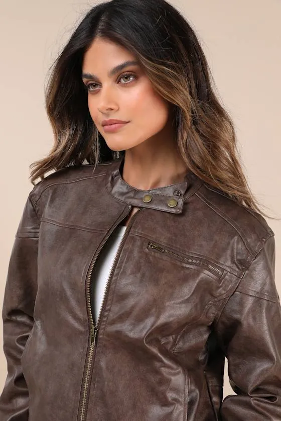 Rebel Brown Vegan Leather Cropped Moto Jacket sold by Lulus product image thumbnail 4