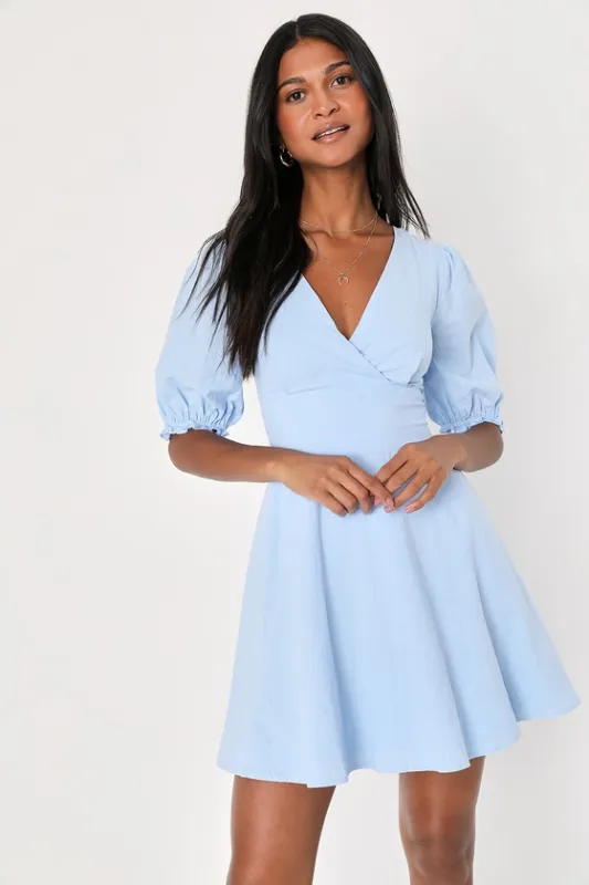 Dreaming of Paris Blue Puff Sleeve Mini Dress With Pockets sold by Lulus