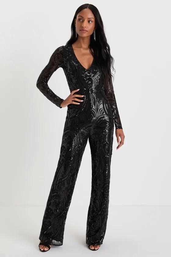 Undeniable Radiance Black Mesh Sequin Long Sleeve Jumpsuit sold by Lulus